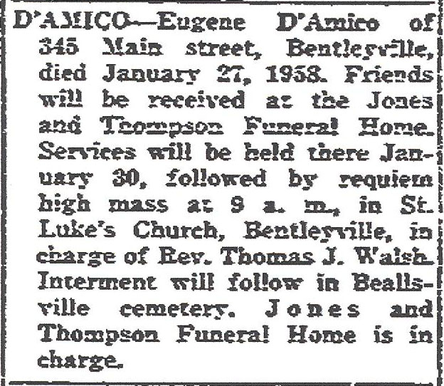 Eugene D'Amico funeral notice